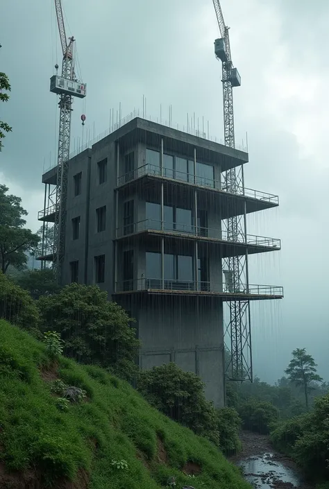 modern house under construction in the rain