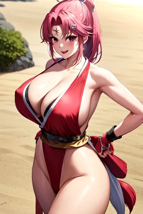 masterpiece, best quality, beautiful art, high resolution, well formed hands, body and fingers, 1 woman, solo, Maam, red makeup, red lipstick,adult, grown up,  cosplaying as Mai Shiranui , mai_shiranui_cosplay, adult, large and big breasted, cleavage, full...