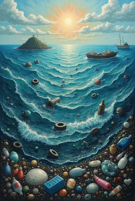 It shows an image in which there is oil pollution and garbage in the seas., the image is not realistic, It&#39;s like it was painted on paper 


