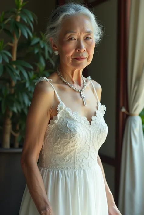 Japan 120 years old old woman aging elder elderly person aged face 20s female model from 20s wearing a white camisole dress with plenty of lace、White sandals、She showed off a feminine look with silver-toned accessories.。A grandma wearing a bold, sheer lace...