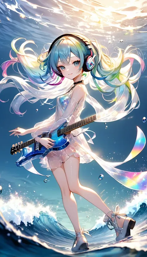 best quality, super fine, 16k, extremely detailed, 2.5D, delicate and dynamic depiction,  Vocaloid character, beautiful and cool, (playing transparent, translucent, iridescent glitter, star-shaped deformed guitar), cool and stylish headphones, attractive a...