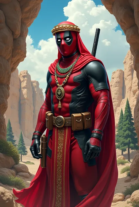 "Create a highly realistic illustration of Deadpool with a Lebanese twist. He should be wearing traditional Lebanese attire, such as a richly embroidered thobe and a keffiyeh, paired with his iconic mask. Add elements like traditional Lebanese jewelry or a...