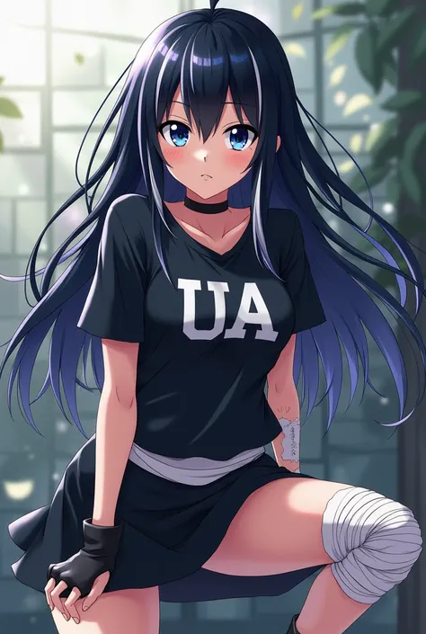 Create an anime girl with a UA shirt from boku no hero Academia with long black hair with white streaks, with dark blue eyes with black and a bandage on her right arm and another on her left leg covering a large wound and wearing a short skirt, and that he...