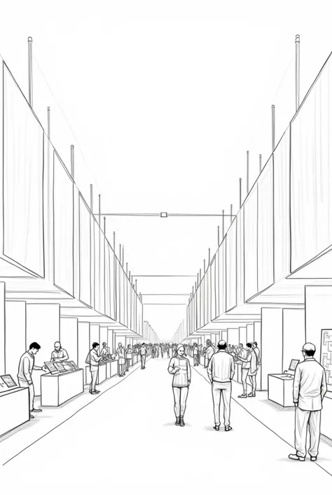 Generate a black-and-white sketch of the interior of a single-storey building during an expofair event, with the perspective taken from the right side. Displays several mini-company stands with products and banners, and some visitors interacting with the s...