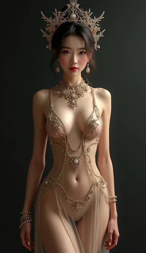 A very beautiful girl， (Long legs: 1.2), (Camel toe: 1.0), (Delicate skin), (Glowing skin), (Beautiful sexy woman), Actual face, Delicate face，Large Breasts, Wearing a transparent jeweled dress，black background，Ancient Chinese jewelry headdress。