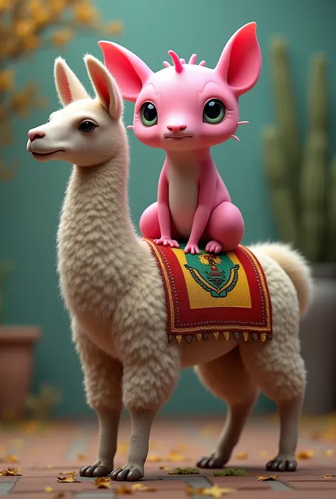 Create a classic pink axolotl with a Mexican flag, This axolotl is on top of a llama and the llama has a Bolivian bdnadera 