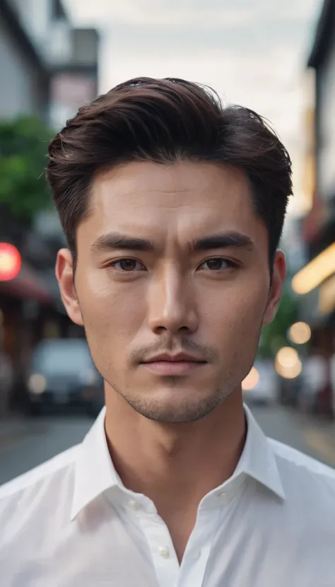 Portrait of a handsome round-faced, cinematic man in his 20s、White button-down shirt、photograph, Male perfection, black eye,Shy, 8K - v4、30 year old gentleman、Kind eyes、Look straight ahead and at the camera、Gentle expression、Japanese Model、street、