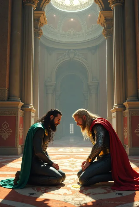 Loki and thor disappointed kneeling down to the ground in the big hall funny realistic image 
