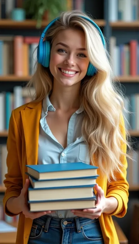 Science teacher, look 3, blonde hair, with blue headphones, with books in her hand, she looks like a chick.