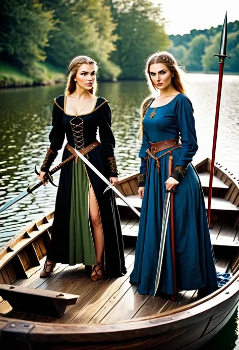 Two medieval women, living in a.boat holding swords and spears, sexy medieval clothing