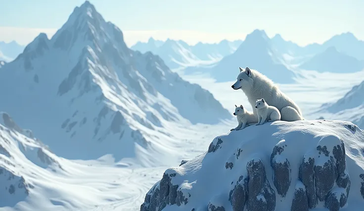 Aerial View,In the Arctic during the Ice Age,A female snow wolf and her cubs rest on the top of a snowy mountain,Wide viewing angle,Meticulous details,High-altitude photography,HD,3d
