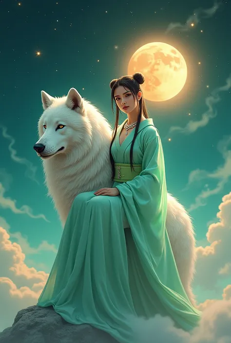 In a mystical realm, a ravishing pigtailed woman in a vibrant light green kimono sits regally on the back of a majestic white wolf with diamond necklace. The orange moon casts an ethereal glow, illuminating the scene with a soft amber light. The wolfs fur ...