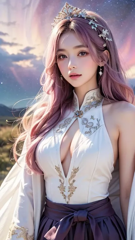 (((Highest quality))), ((masterpiece)), (detailed), ((solo)), ((Young girl)), ((Beautiful white costume with many large ornaments)), Long robe hair ornament on head, Fantastic and beautiful colors, Cinematic, Long hair fluttering in the wind, fluttering sk...