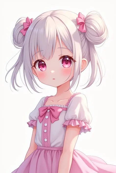 girl with、No background、without background、Background through、White blonde、Pink gradient、Pink mesh、Pink ash、Pink eyes、Pink eyes、Small double knot、Twin-tailed、Two knots、bow ribbon、White and pink dress、onepiece、kawaii、without background