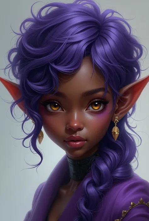 I would like to create, an elf for a story of mine, I want her to be black, that has pointy ears, curly and voluminous hair, hair color is purple, and the eyes are brown.
Por favor, don&#39;t sexualize her