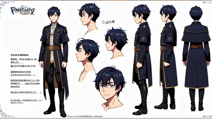 one young man with front, side and back views、fantasy、a character model sheet depicting the same character from three angles