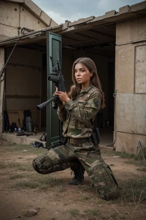 a woman kneeling down with a gun on a tripod, grabbing a rifle, of a sniper girl in war, large caliber sniper fire, long-range shots, with rifle, firing it into a building, long range, carrying a rifle, handling riffle on chest, working out in the field, b...