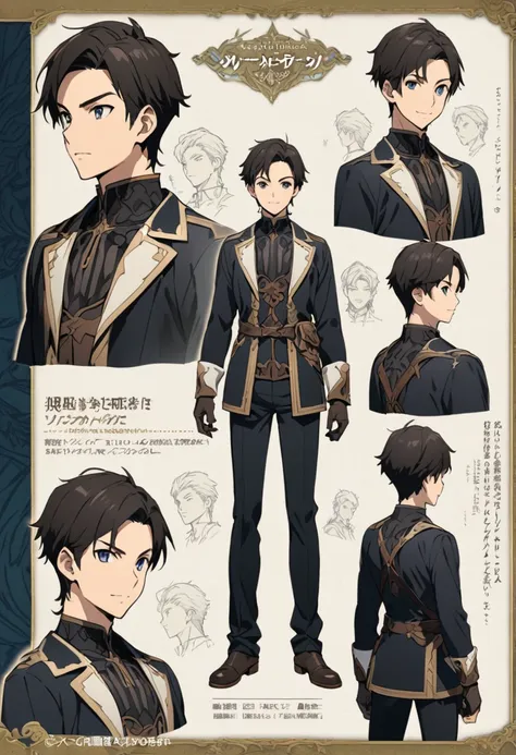 one young man with front, side and back views、fantasy、a character model sheet depicting the same character from three angles