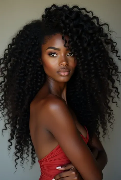 I wanted an image of a black woman with extremely curly, voluminous and long hair. I want a hairstyle. 