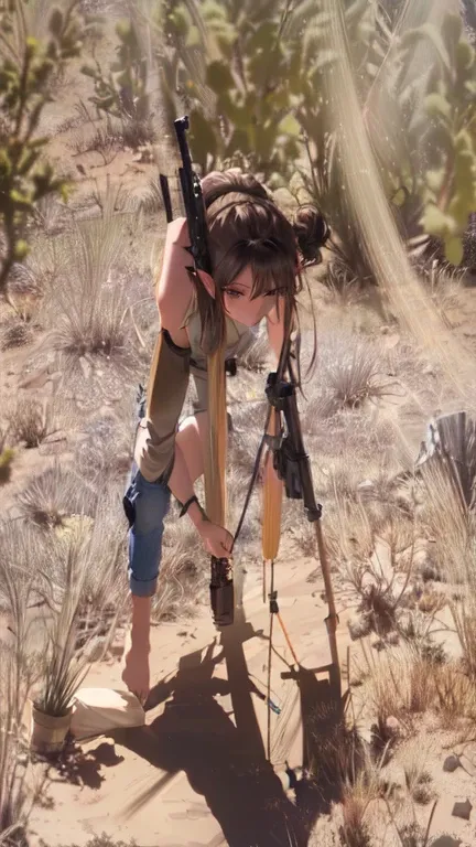 a elf girl focused, hair in a bun, natural hair color, sleeveless shirt, denim shorts, rugged boots, protective earmuffs, kneeling, holding a mounted rifle, looking through the scope, outdoor desert environment, dry rocky and sandy ground, bushes and scatt...