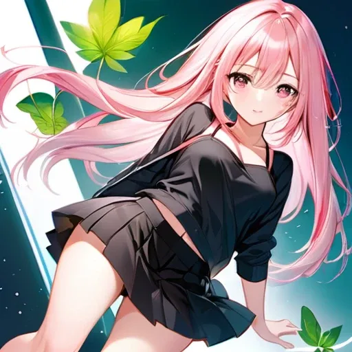 (1girl),(1 teenager),(long pink hair, straight and shiny,falling to the waist. She wears her hair down, with light bangs that frame her face). (light pink eye, large and expressive, with a touch of sweetness and liveliness). (light skin color, with a sligh...