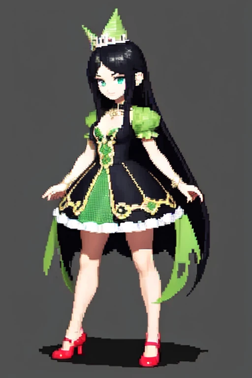 Create a pixel art character, with long black hair, a green princess dress and cherry red shoes