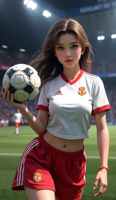 A young girl in football stadium and his hands football and his clothes football dress