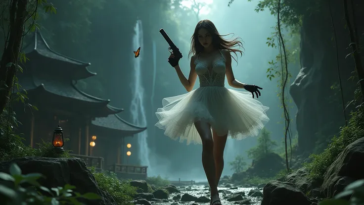 Call me killer Angel. An ancient temple In a mysterious horrible forest with waterfall, a stone bridge, stream, cave, vine, monkey, a female sexy assassin with very low angle view of a white ethereal translucent short tulle dress, butterfly, lantern, at da...