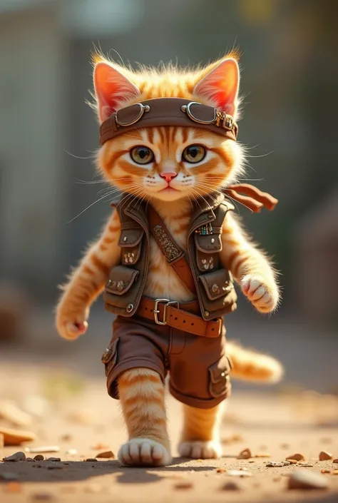 Rescue story "A cute and determined anthropomorphic kitten, dressed in a torn vest, shorts and a headband, walking on solid ground. The cats fur is fluffy and well-groomed, which adds a touch of charm to his fierce training session. 8K resolution,