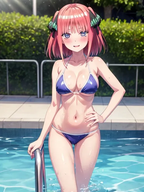 best quality, insanely detailed, breasts, blush, looking at viewer, cheerful eyes, arousal, poolside background, clean and bright pool, high-leg bikini, exposed skin, glossy skin, hand on hip, splashing water, school swimsuit, nino nakano