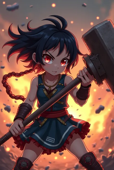 Create a loli-style female anime character with black hair, fiery eyes, a fierce look, and a big, heavy war hammer.