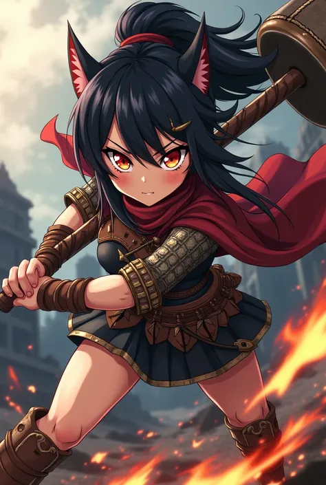 Create a loli-style female anime character with black hair, fiery eyes, a fierce look, and a big, heavy war hammer.