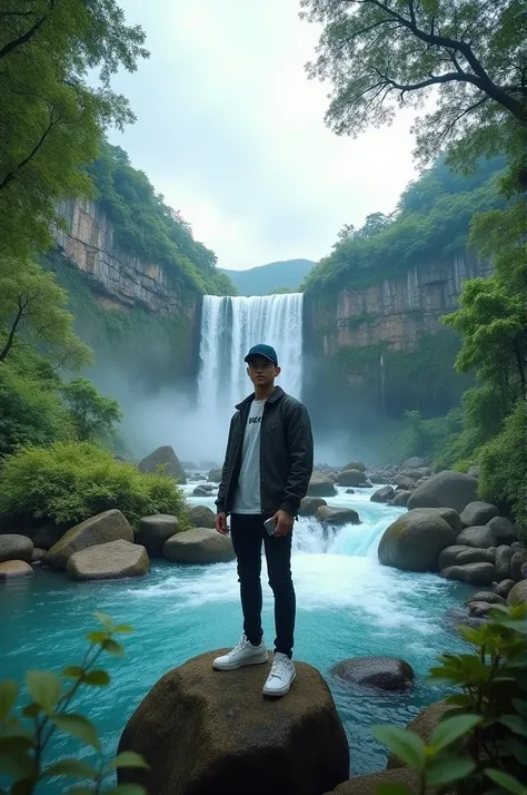 a handsome Indonesian teenager, wearing a Snapback, t-shirt, jacket, white sneakers, standing on a rock while looking ahead, holding a cell phone, to the left you can see green trees, to the right are trees, behind you can see a very beautiful blue water w...