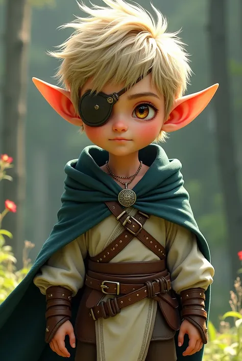 An elf of about 2 with short hair, tousled ash blonde hair,amber eyes, wearing a leather patch over his left eye, He wears green elven clothing, white, Navy blue and brown, a cape complemented by a leather harness that surrounds his body, A necklace with a...