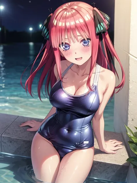 best quality, insanely detailed, breasts, blush, looking at viewer, cheerful eyes, arousal, night background, clean and bright bedroom, exposed skin, glossy skin, splashing water, one-piece swimsuit, nino nakano