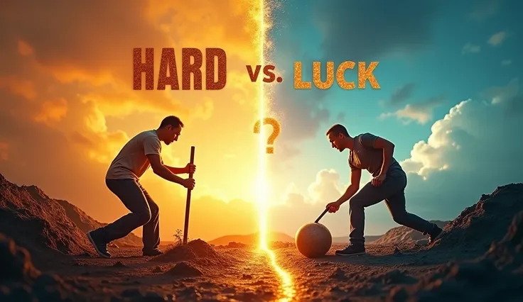 A dynamic and bold split-screen image. On one side, a person is shown working hard, lifting a weight or digging the ground under the bright sun, symbolizing hard work. On the other side, a shining golden path leading toward a bright future or success, symb...