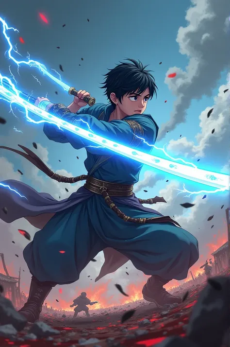 An 1 young swordsman, fighting in a bloody war, young swordsman man, using two magical lightning swords, light blue glow, lightning on the sword, magic runes. Estilo アニメ, アニメ, Samurai, 