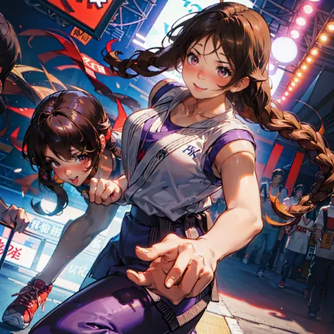 face,1 girl, big breasts,  Yuri Kof, looking at the viewer, Touching dj, festival, dynamic lights, Whole body, purple pants, red and white tennis shoes and 1 boy with a red sweatshirt & red round eyes mask