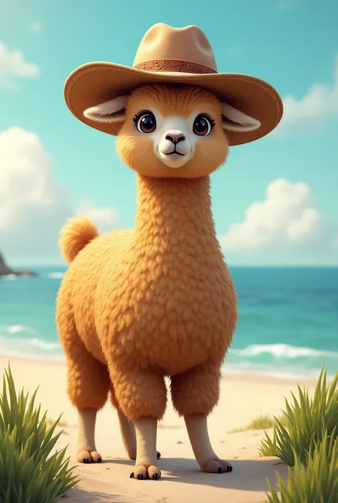 Alpaca wearing a cowboy hat standing on the beach with grass at his feet.