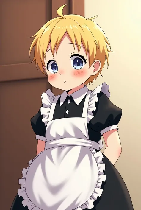 boy around  with blonde hair, shy, blush on his cheeks, in a maids black dress, maids apron with a bit of a bloated tummy, embarassed expression anime style