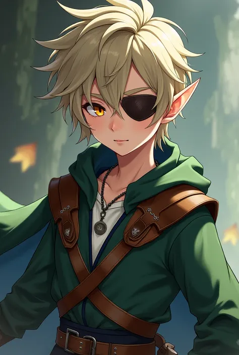 A young elf with short hair, tousled ash blonde hair,amber eyes, wearing a leather patch over his left eye, He wears green elven clothing, white, Navy blue and brown, a cape complemented by a leather harness that surrounds his body, A necklace with a round...