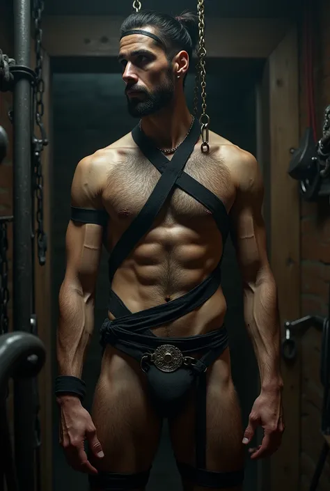 harness, SM room (thick chest hair) his whole body is wrapped in black tape, sexually abused, the room is full of sm props, painful but enjoying man , ! gay art! handsome Matt Anderson without clothes. Sensual shooting. pleasure. sweaty body . sex. Chest m...