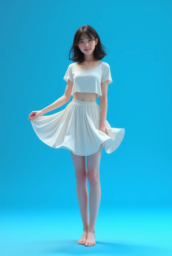 Girl on a blue background wearing a skirt and short shirt 