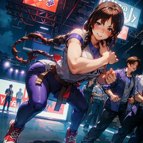 face,1 girl, big breasts,  Yuri Kof, looking at the viewer, Touching dj, festival, dynamic lights, Whole body, purple pants, red and white tennis shoes and 1 boy with a red sweatshirt & red round eyes mask