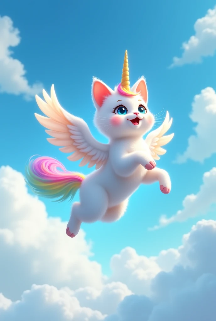 A cute, innocent-looking white unicorn cat with colorful hair on its head and wings is flying happily in the sky. The weather is sunny with a clear blue sky and fluffy white clouds.