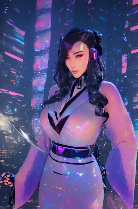 highest quality、Super fine、Realistic、A young and very beautiful woman、Beautiful detailed eyes、Beautiful detailed lips, huge breasts、(Holographic kimono:1.4)、((Mecha、Armament、knife、Cyberpunk city girl:1.37))、neon、Street graffiti、Night view、Mysterious atmosp...