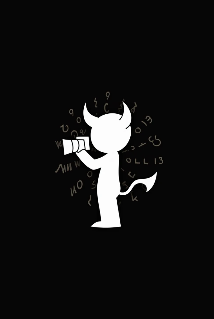 Create a white logo of a minimalist full-body devil holding a camera in his right hand on a black background. In the background the phrase Diablillo13