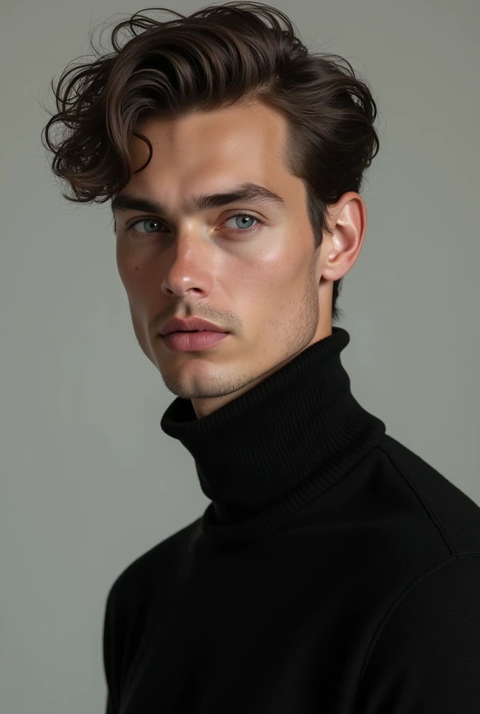 Male , grey eyes , mole under lip , lean , turtle neck and model pose 