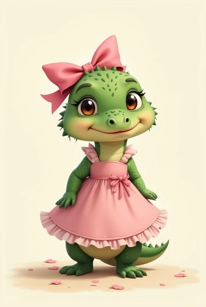 Baby crocodile standing on its hind legs、Put a pink ribbon on your head、Pink dress、Looking this way、cute