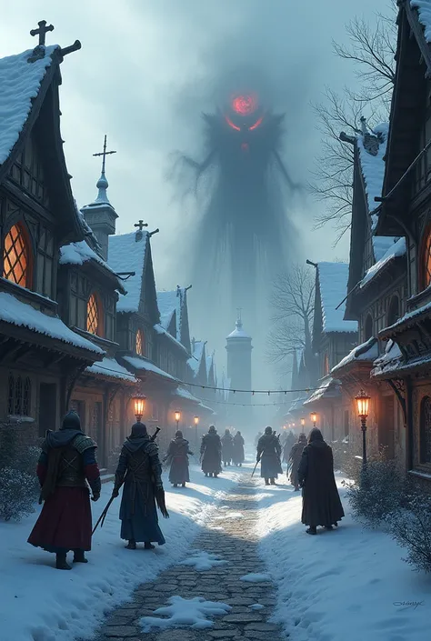 A medieval town in the snow is attacked by dark forces.